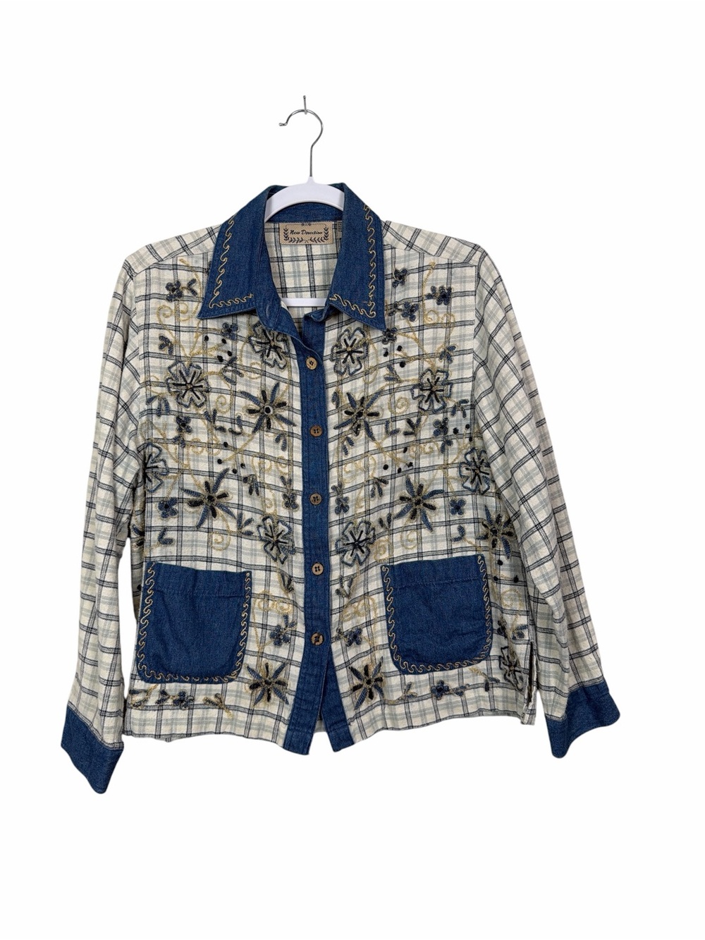 Vintage New Direction Embroidered Plaid Denim Shirt Jacket Shacket Cottagecore